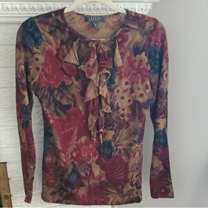 Ralph Lauren Women's Floral Ruffled Cotton Button up Blouse Top Tee Size S